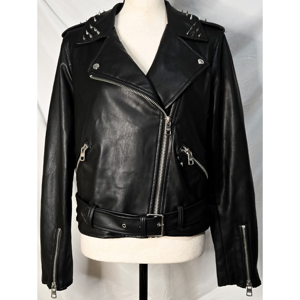 Calvin Klein Faux Leather Moto Jacket Black Studs Studded Asymmetrical Belted